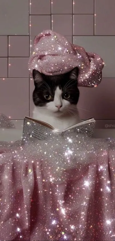 A cat wrapped in a sparkling pink towel in a bathroom.