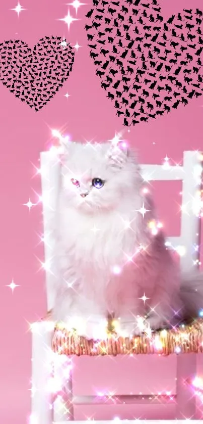 Fluffy white cat on pink chair with sparkles and heart design.