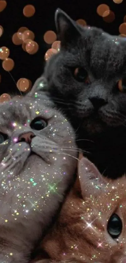 Three adorable cats with sparkling lights and a bokeh effect in the background.