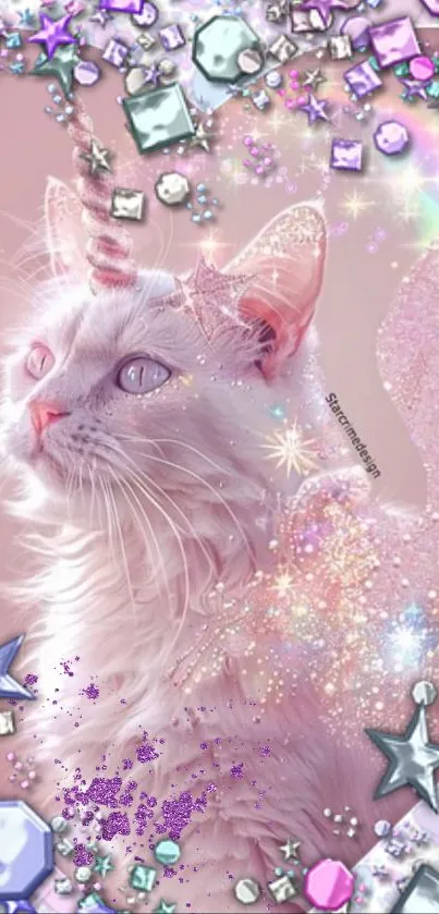 Dreamy unicorn cat surrounded by sparkling gems and stars.