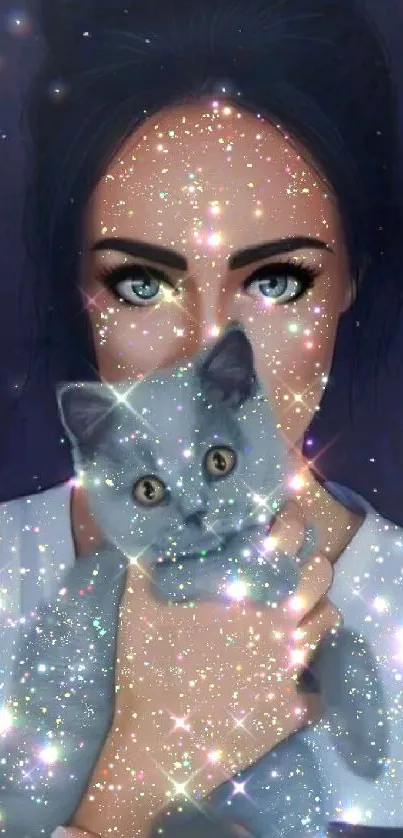 Mobile wallpaper featuring a mystical cat with sparkling effects and enchanting eyes.