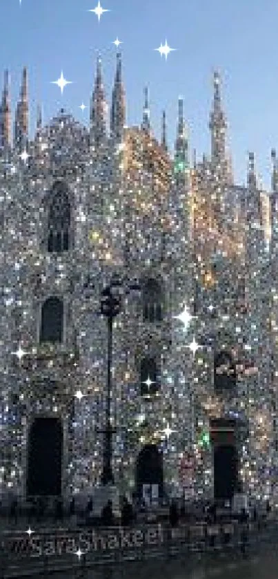 Sparkling cathedral illuminated at sunset with a sky blue backdrop.