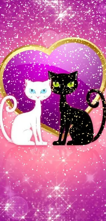 Whimsical white and black cats with purple heart backdrop.