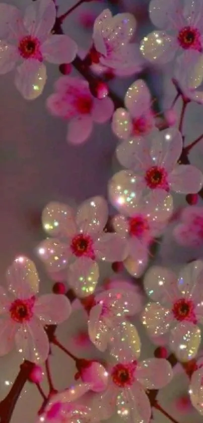 Glittering pink cherry blossoms wallpaper with dark background.