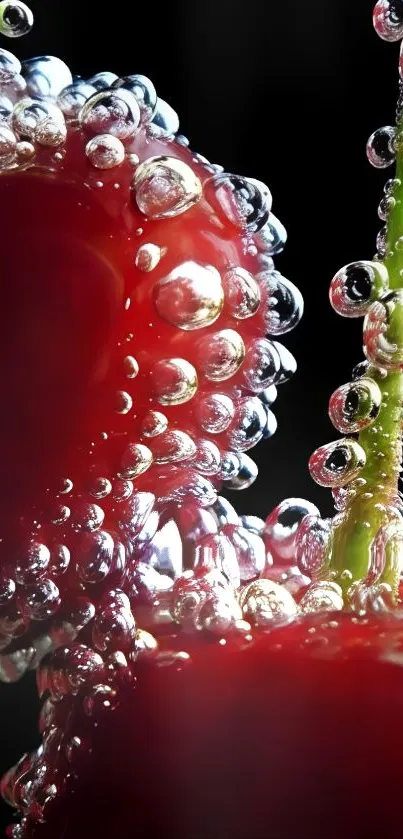 Close-up of cherries with sparkling bubbles.