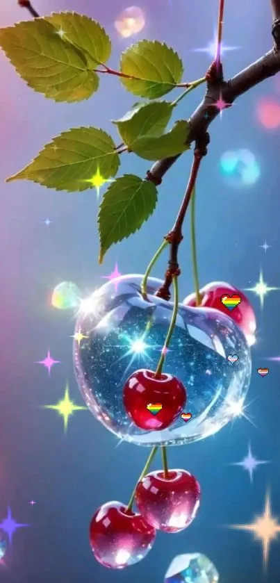 Sparkling cherries with crystal on a colorful background with leaves.