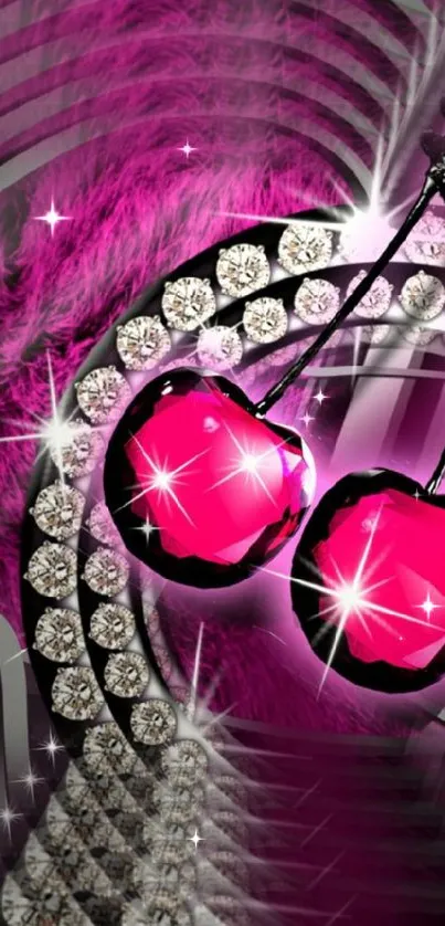 Vibrant pink cherries with sparkling jewels on a luxurious background.