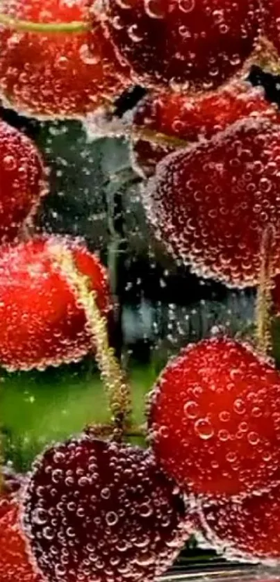 Vibrant red cherries with bubbles against a lively background.