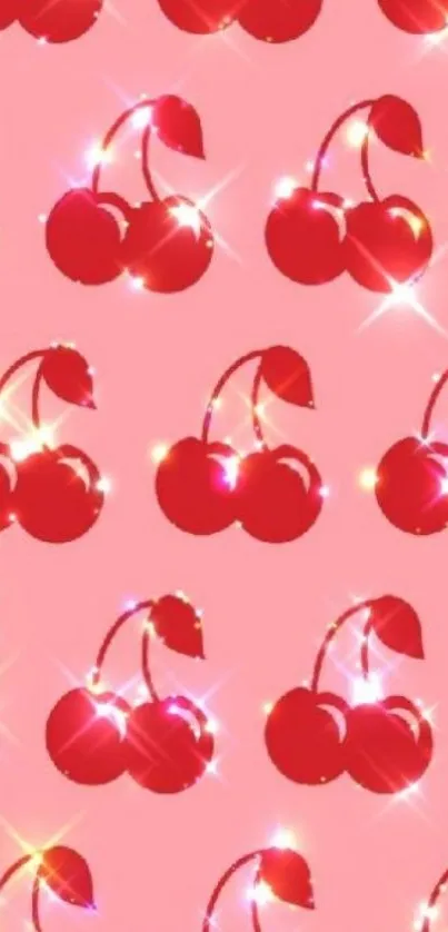 Sparkling red cherries on a pink background wallpaper.