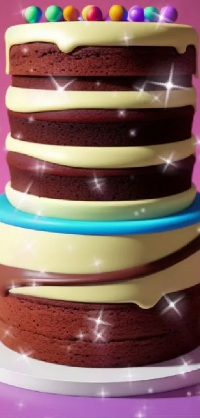Three-tier chocolate cake with sprinkles and sparkles on a purple background.