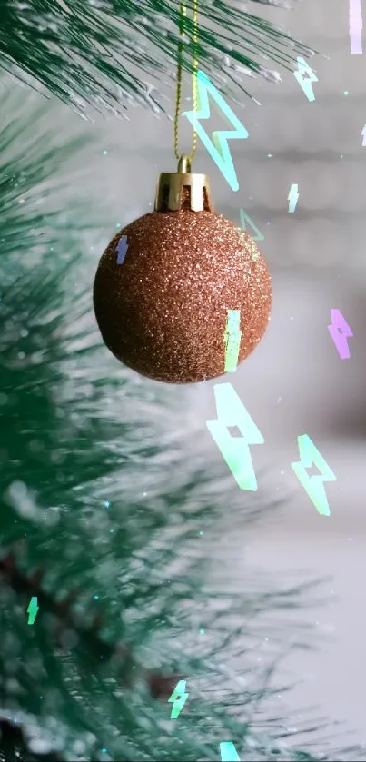 Festive mobile wallpaper with a copper Christmas ornament on a green pine branch.