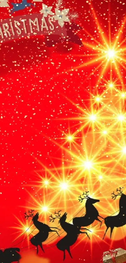 Christmas wallpaper with red background, golden stars, and reindeer silhouettes.