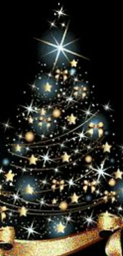 Sparkling Christmas tree with gold and silver stars on a dark background.