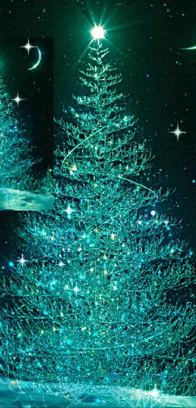 Glowing teal Christmas tree under a starry night sky.