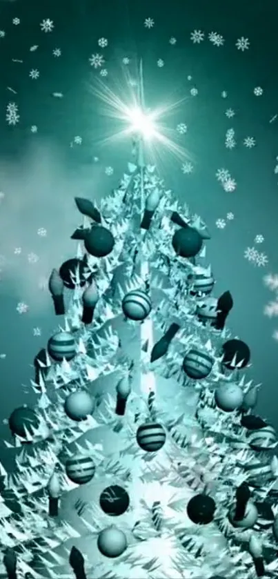 Sparkling Christmas tree with snowflakes on teal background.