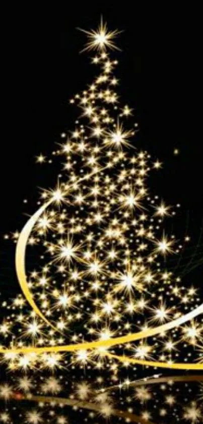 Sparkling Christmas tree with golden lights on a dark background.