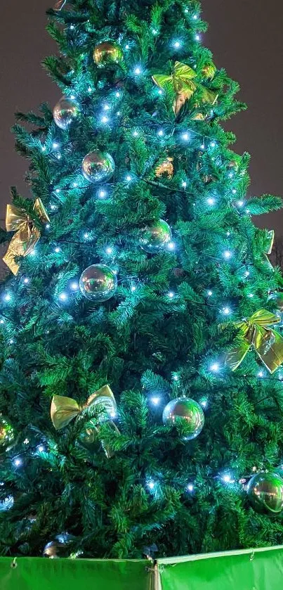 Sparkling Christmas tree with lights and ornaments.