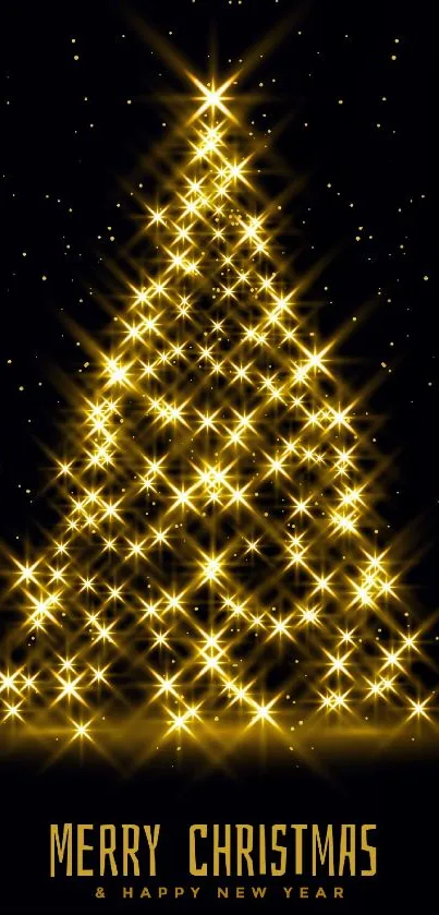 Sparkling gold Christmas tree with lights on black background.