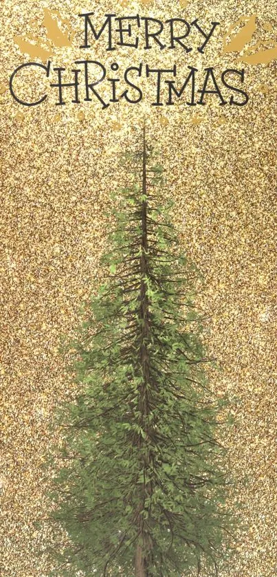 Merry Christmas wallpaper with a gold background and a single evergreen tree.
