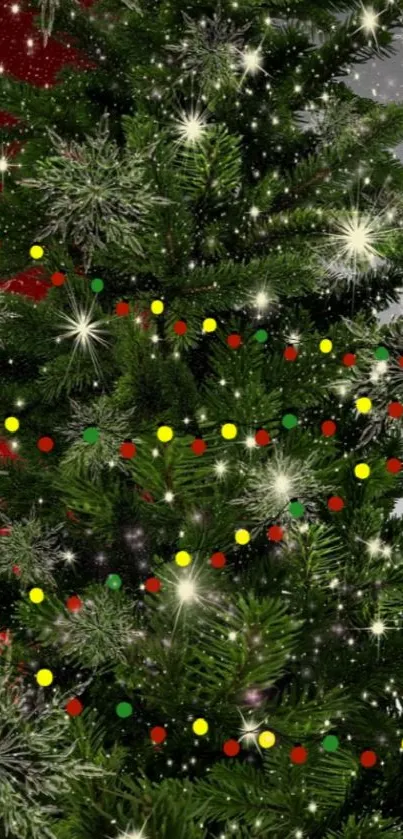 Sparkling Christmas tree with bright lights and colorful decorations.