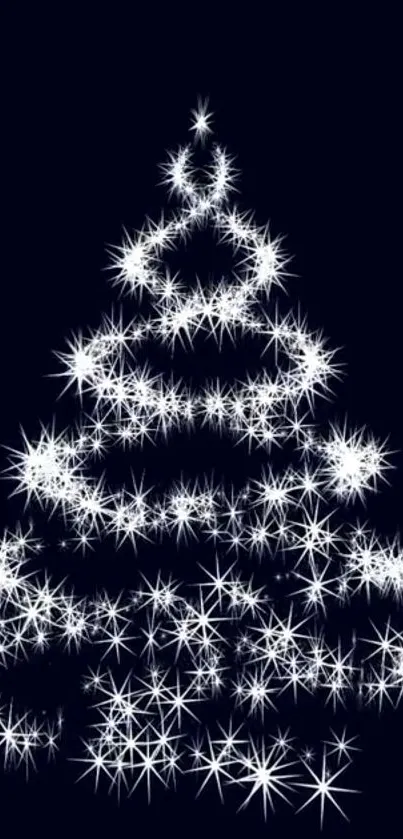 Sparkling Christmas tree wallpaper with stars on midnight blue background.