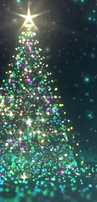 A vibrant Christmas tree with colorful, sparkling lights on a dark background.