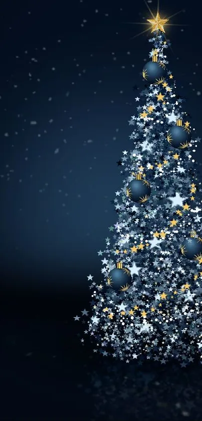 Sparkling Christmas tree with stars on a midnight blue background.