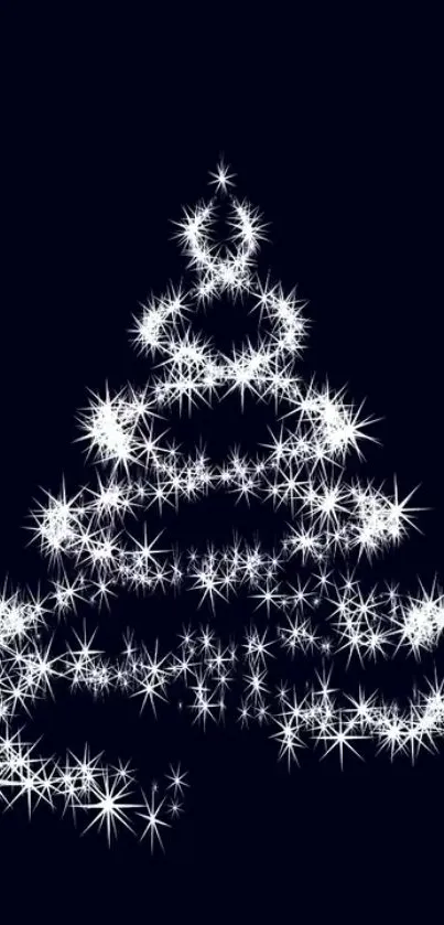 Sparkling Christmas tree on dark background with white star patterns.