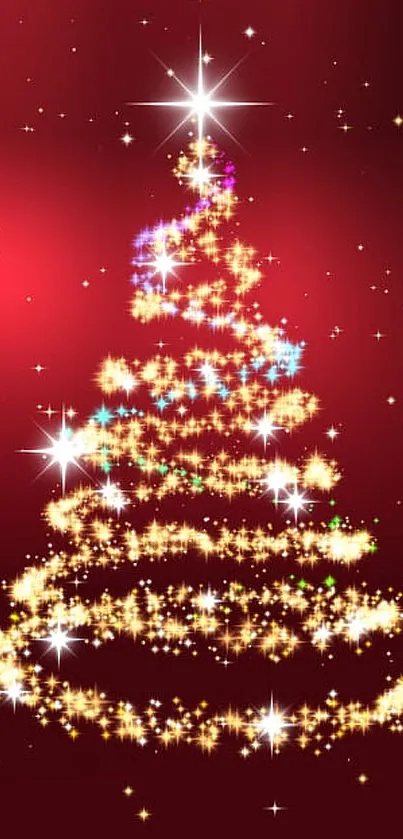 Sparkling Christmas tree with stars on red background wallpaper.