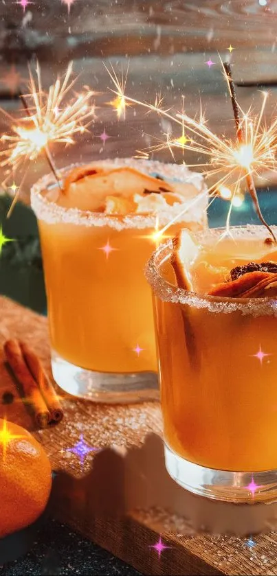 Festive citrus cocktails with sparklers glowing vividly.
