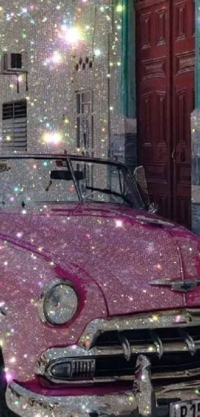 Sparkling pink classic car in a retro scene.