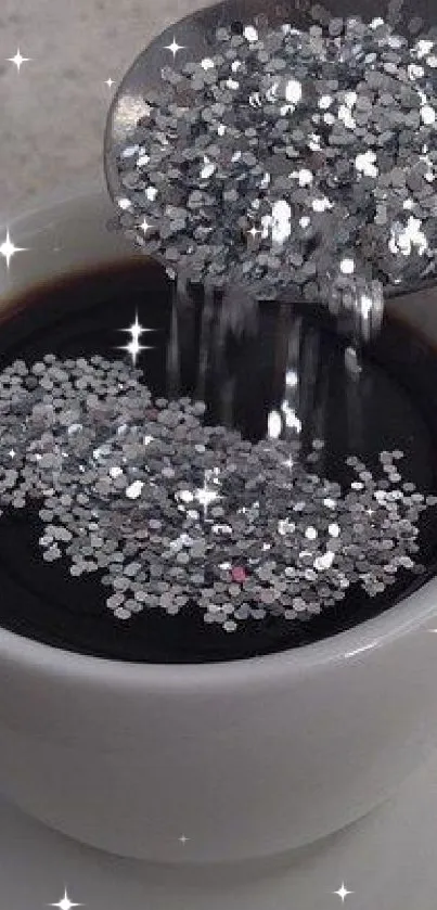 Artistic coffee cup with sparkling sequins.