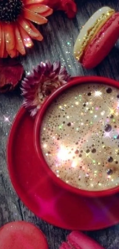 Red coffee cup with sparkles and flowers on a wooden table.