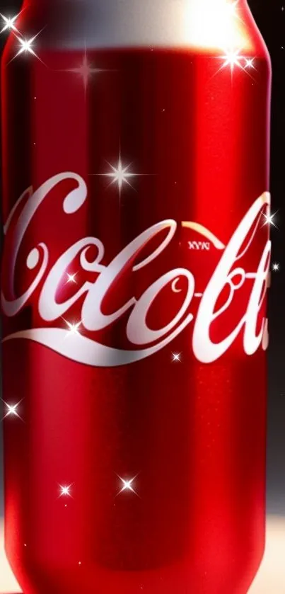 Glistening red cola can with sparkles on mobile wallpaper.