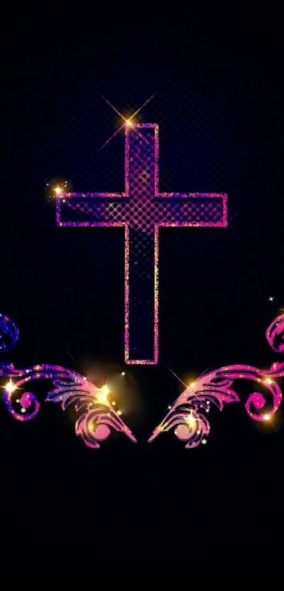 Dark wallpaper with a sparkling cross and vivid pink and purple accents.