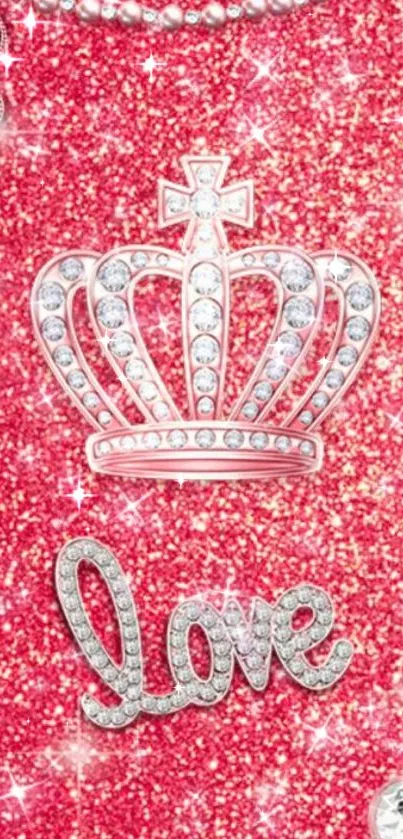 A glittery pink wallpaper featuring a crown with 'love' text.