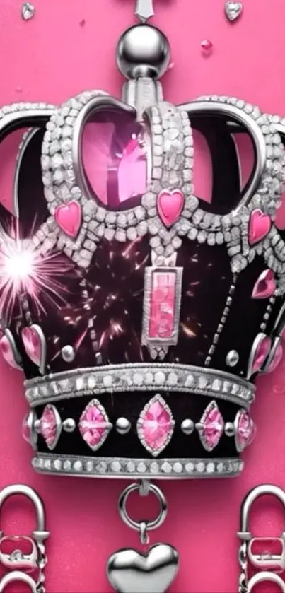 A sparkling jeweled crown on a pink background.