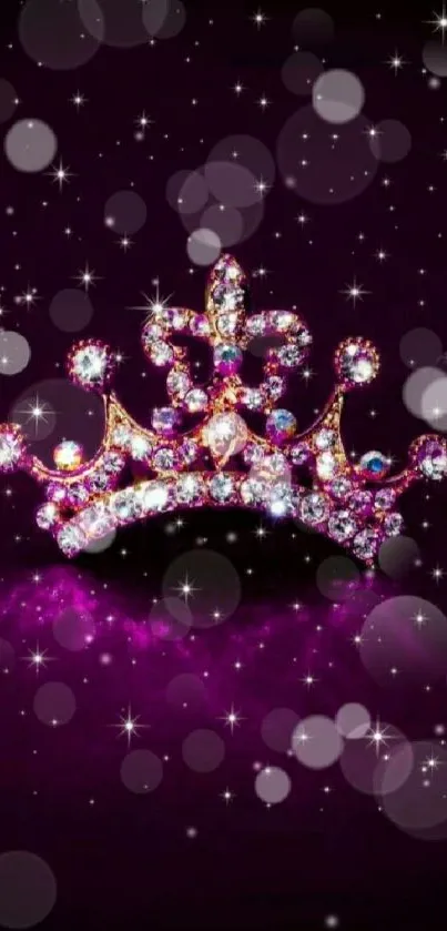 Glittering crown with jewels on a purple galaxy background.