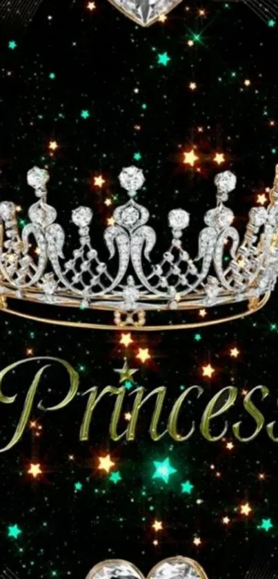 Sparkling diamond crown with 'Princess' text on a black starry background.