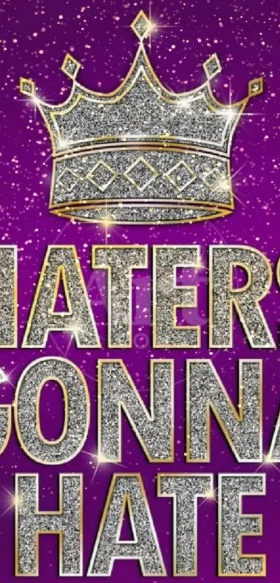 Purple glitter wallpaper with crown and motivational text.