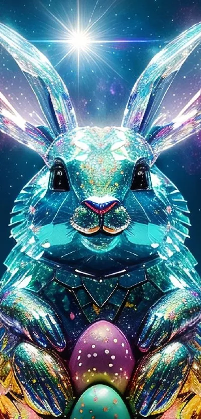 Colorful cosmic bunny with vibrant eggs.