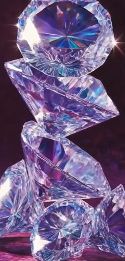 A stack of sparkling crystal diamonds against a purple background.