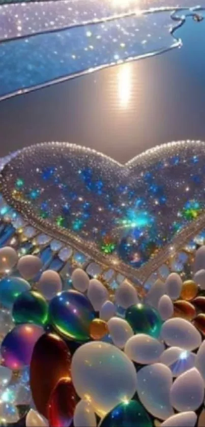 A sparkling crystal heart with colorful gemstones against a blue background.