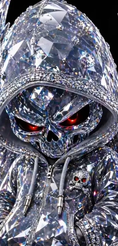 Crystal skull angel with red eyes in a hoodie.