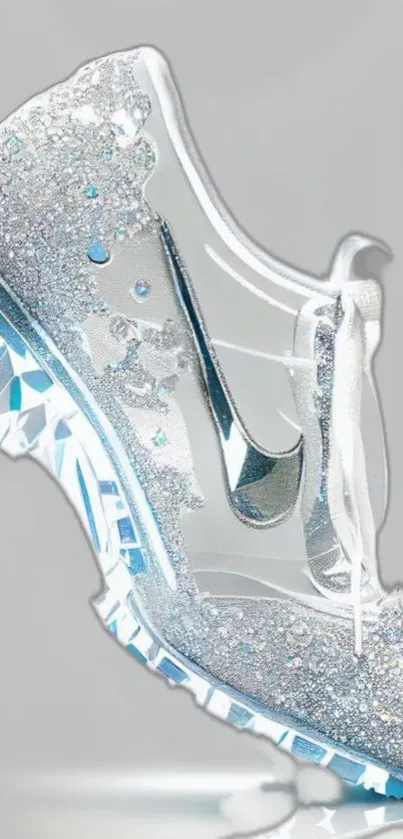 Sparkling crystal sneaker with artistic design in silver and blue hues.