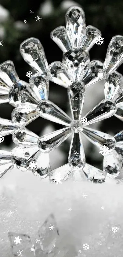 Crystal snowflake mobile wallpaper on a snowy background.