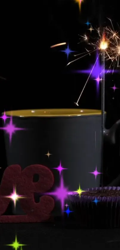 Black cup with sparklers and 'Love' sign on a dark background.