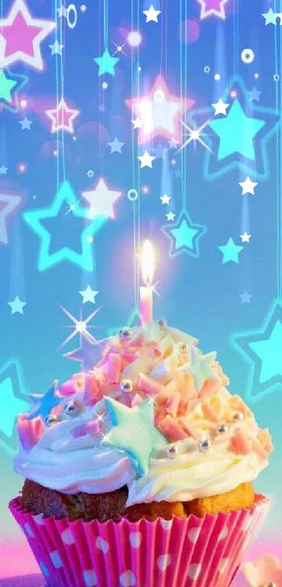 Cupcake with pastel stars and candle on a starry background.