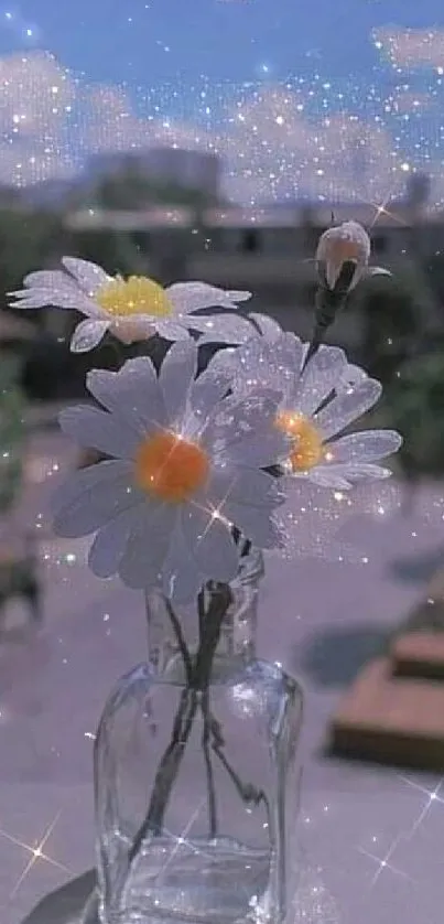 Daisies in a glass vase with a sparkling effect against a blue sky.