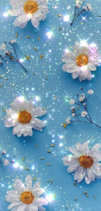 Daisy wallpaper with sparkles on blue background.